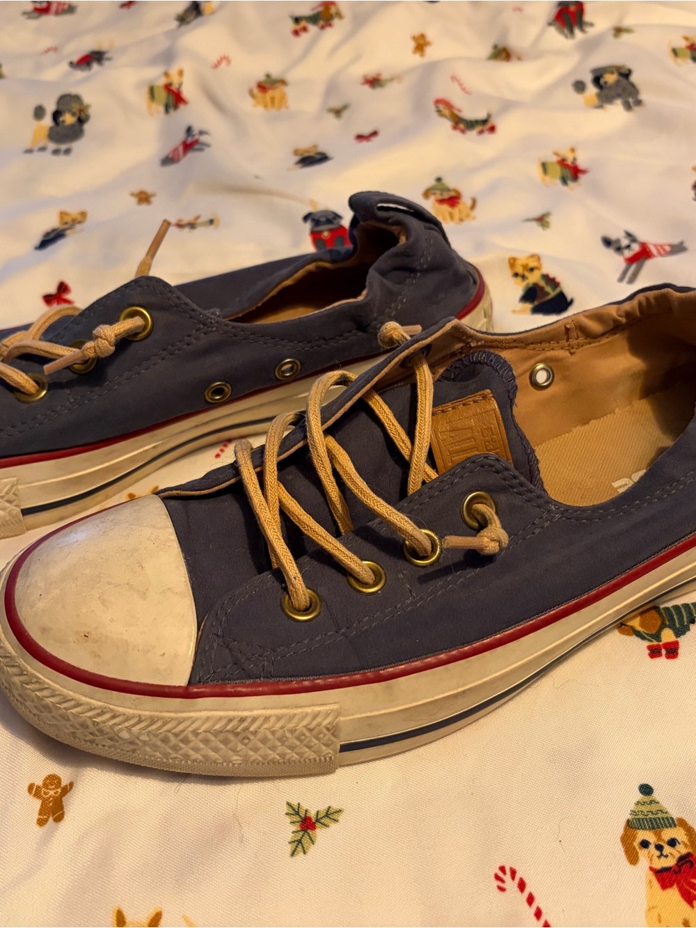 Converse Navy Blue Canvas Low-Top Sneakers with Tan Laces and White Toe